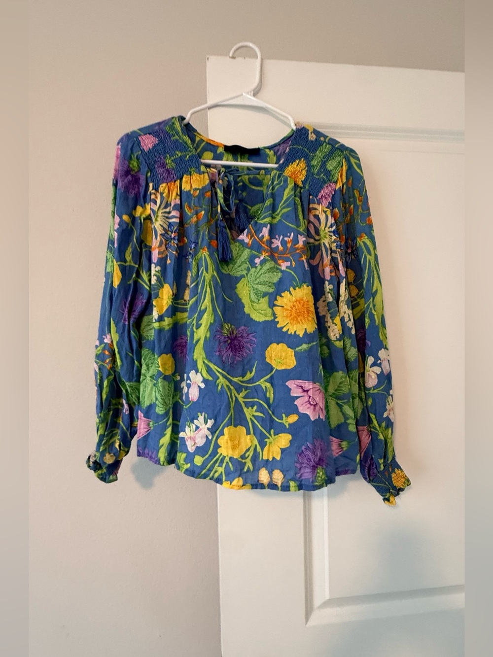 RACHEL Rachel Roy Blue Floral Peasant Blouse with Tie Neck - Picture 1 of 7
